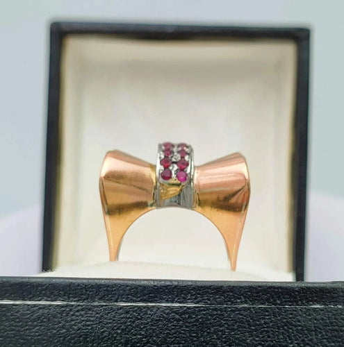 Bague 51 Bague nœud tank Art déco en or jaune 18K et rubis 58 Facettes