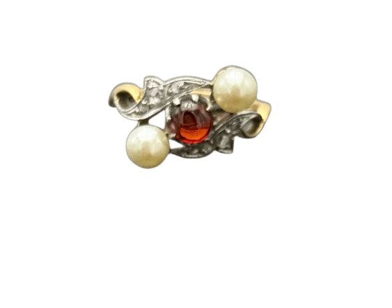 Bague 53 Bague trilogie ancienne en or 18K avec perles, grenat et diamants 58 Facettes