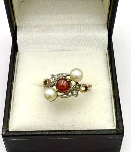Bague 53 Bague trilogie ancienne en or 18K avec perles, grenat et diamants 58 Facettes