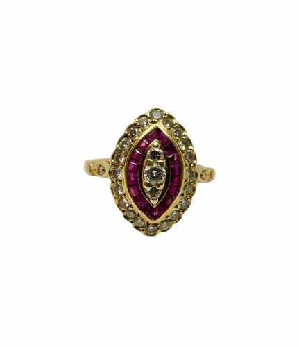 Bague 54 Bague marquise Art déco en or jaune 18K, diamants et rubis 58 Facettes