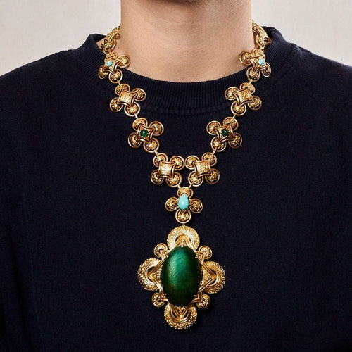 Collier M. Gérard - Sautoir transformable en or jaune 18k, émeraudes, turquoises et émail 58 Facettes