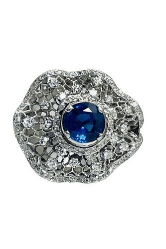 Bague 53 Bague dentelle - Saphir de Ceylan et diamants en platine (1950) 58 Facettes