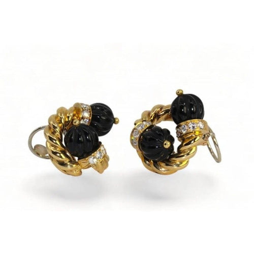Boucles d'oreilles Chaumet - Boucles d’oreilles clips en or jaune 18 carats, onyx et diamants 58 Facettes