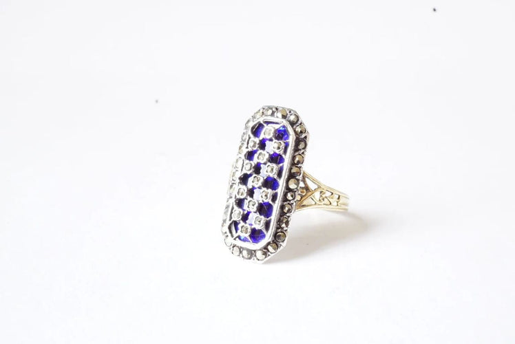 Bague 55 Bague en émail bleu et marcassites en or jaune 18 carats 58 Facettes SQ3745106