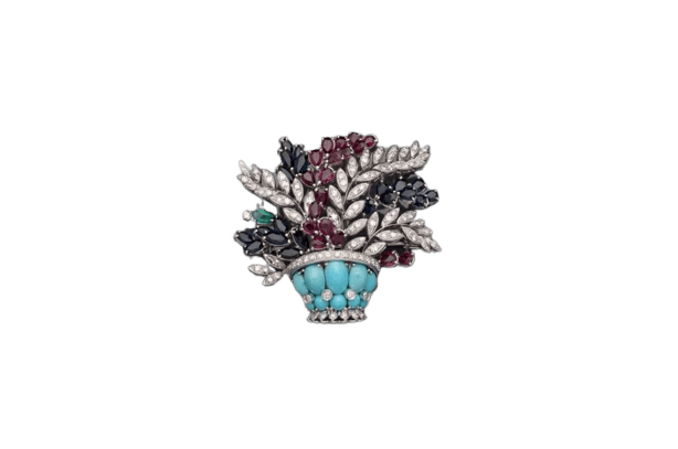 Broche Broche corbeille de fleurs en or blanc, diamants et pierres précieuses 58 Facettes 227207