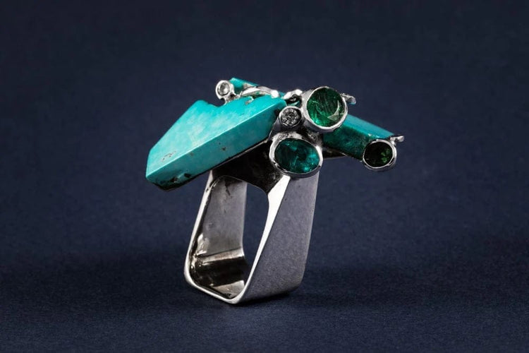 Bague 51 Thierry Vendome Sakura - Bague ornée de turquoises, tourmaline et diamant 58 Facettes 227210
