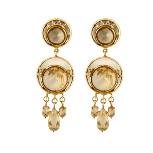 Boucles d'oreilles Boucles d’oreilles pendantes - Or jaune 18 carats, quartz cheveux de Vénus 58 Facettes