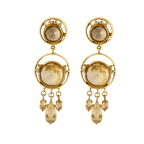 Boucles d'oreilles Boucles d’oreilles pendantes - Or jaune 18 carats, quartz cheveux de Vénus 58 Facettes