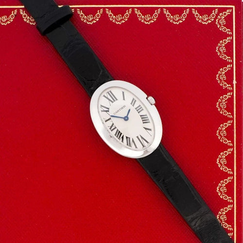Montre Cartier Baignoire - Montre Medium en or blanc, cadran argent romain 58 Facettes