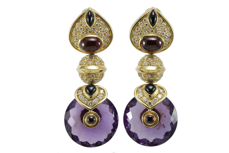 Boucles d'oreilles Marina B - Boucles d’oreilles vintage en or jaune, améthyste, onyx, rubis et diamants 58 Facettes 3294