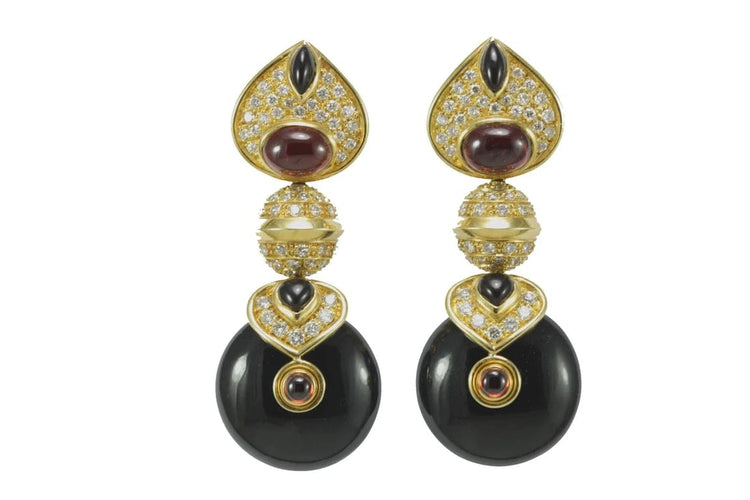 Boucles d'oreilles Marina B - Boucles d’oreilles vintage en or jaune, améthyste, onyx, rubis et diamants 58 Facettes 3294