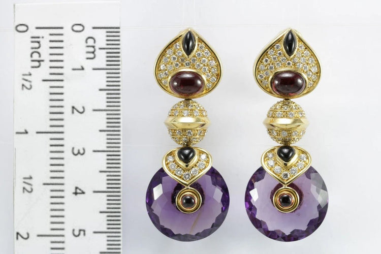Boucles d'oreilles Marina B - Boucles d’oreilles vintage en or jaune, améthyste, onyx, rubis et diamants 58 Facettes 3294
