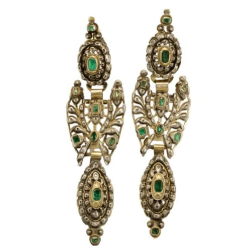 Boucles d'oreilles Boucles d'oreilles pendeloques ibériques - Or jaune 18 carats, émeraudes et diamants 58 Facettes 7616