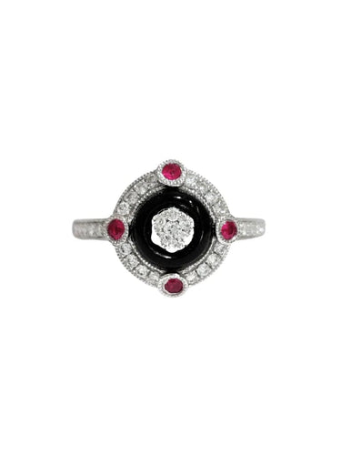 Bague 54 Bague style Art déco en or blanc 18 ct avec diamants, rubis et onyx 58 Facettes 1-847/3