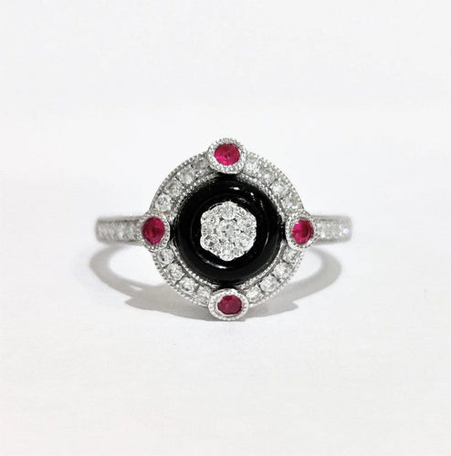 Bague 54 Bague style Art déco en or blanc 18 ct avec diamants, rubis et onyx 58 Facettes 1-847/3