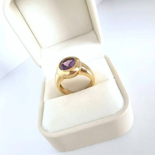 Bague 57.5 Bague solitaire améthyste ovale en or jaune 18 carats 58 Facettes 1687