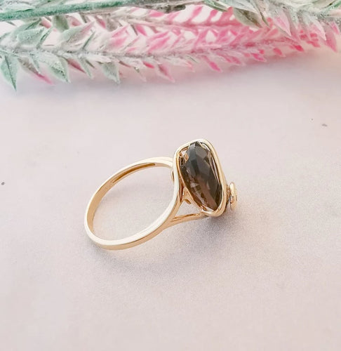 Bague 54.5 Bague en or jaune 18K avec quartz fumé ovale facetté 58 Facettes AB 1074