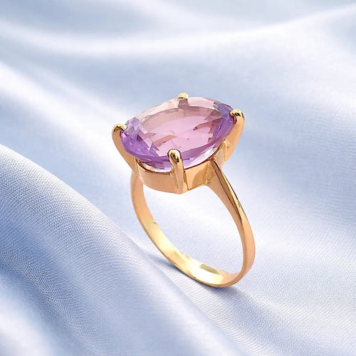 Bague 54.5 Bague solitaire à améthyste ovale en or jaune 18 K 58 Facettes AA 1601