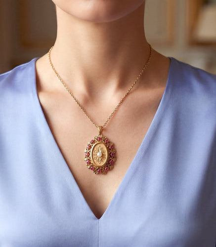 Pendentif Pendentif médaillon vintage en or rose 18K avec perle et rubis synthétiques 58 Facettes 1753