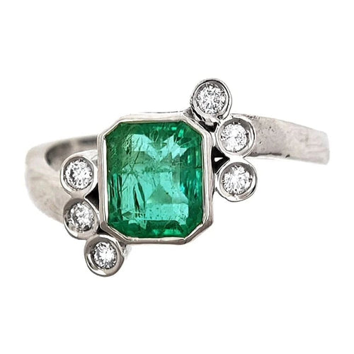 Bague 54 Bague en or blanc 18 carats avec émeraude et diamants 58 Facettes AO-0009