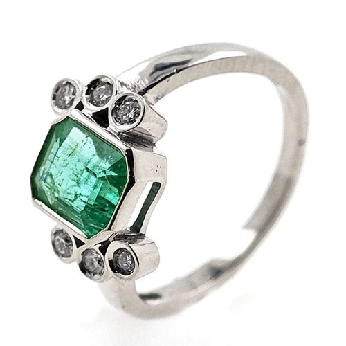 Bague 54 Bague en or blanc 18 carats avec émeraude et diamants 58 Facettes AO-0009