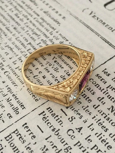 Bague 62.5 Bague Art déco en or jaune 18K avec rubis non chauffé et diamants 58 Facettes