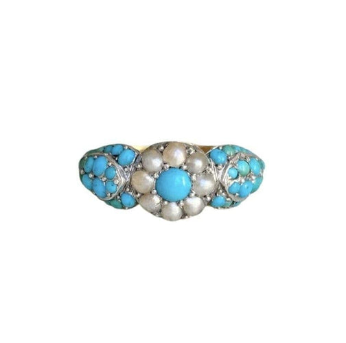 Bague 58 Bague fleur ancienne en or jaune 18K, perles et turquoises 58 Facettes