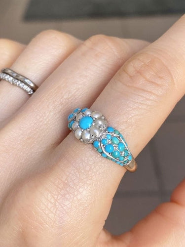 Bague 58 Bague fleur ancienne en or jaune 18K, perles et turquoises 58 Facettes