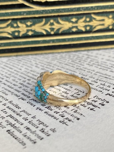 Bague 58 Bague fleur ancienne en or jaune 18K, perles et turquoises 58 Facettes