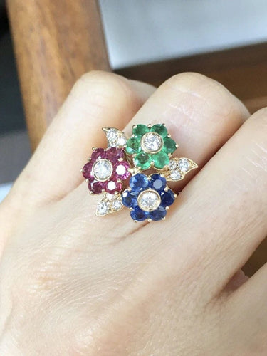 Bague 51 Bague fleur en or jaune 18K avec saphirs, rubis, émeraudes et diamants 58 Facettes