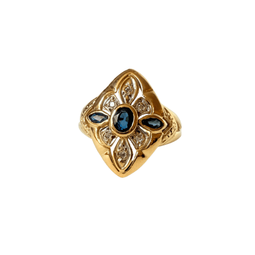 Bague 57 Bague navette en or jaune et gris, saphirs et diamants 58 Facettes