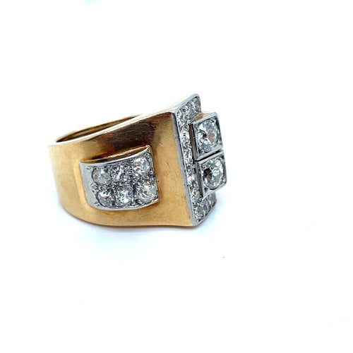 Bague 56 Bague tank asymétrique en or jaune et platine avec diamants 58 Facettes 001