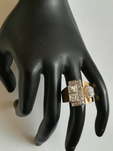 Bague 56 Bague tank asymétrique en or jaune et platine avec diamants 58 Facettes 001