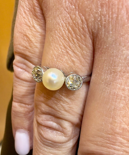 Bague 56 Bague solitaire ancienne en platine 950, perle et diamants 58 Facettes 90725/ac12559