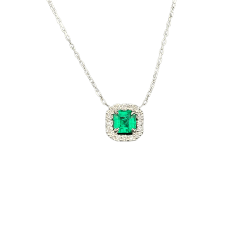Collier Collier pendentif émeraude de Colombie entourée de diamants en or blanc 58 Facettes