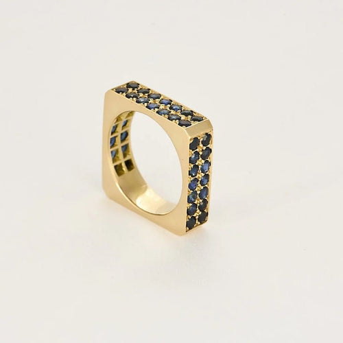 Bague 59 Bague design carrée en or jaune 18k et saphirs bleus 58 Facettes