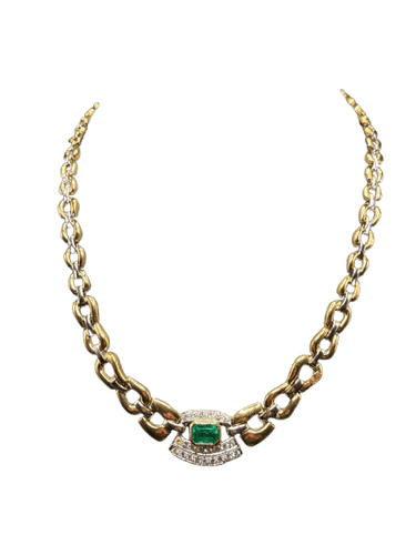 Collier Collier ras-de-cou en or jaune et blanc avec émeraude et diamants 58 Facettes