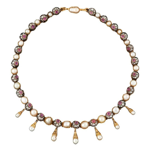 Collier Collier rivière à pampilles en or et argent, diamants, rubis et perles fines 58 Facettes A3148