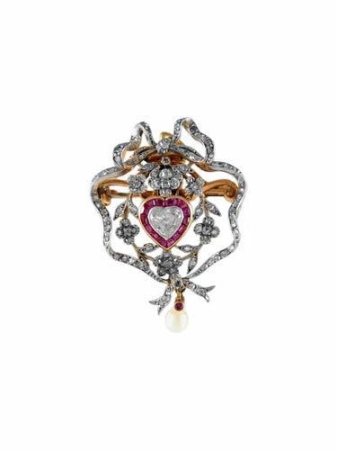 Pendentif Broche pendentif cœur style Louis XVI en or jaune 18k, platine, diamants et rubis 58 Facettes 1547