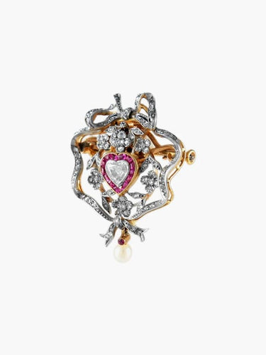 Pendentif Broche pendentif cœur style Louis XVI en or jaune 18k, platine, diamants et rubis 58 Facettes 1547