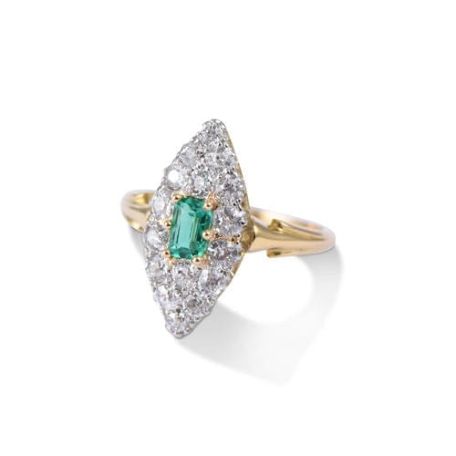 Bague 51 Bague marquise vintage en or jaune et platine, émeraude et diamants 58 Facettes H162