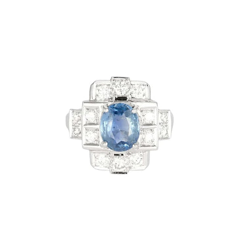 Bague 55 Bague Art déco en or blanc 18K avec saphir de Ceylan et diamants 58 Facettes