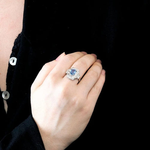 Bague 55 Bague Art déco en or blanc 18K avec saphir de Ceylan et diamants 58 Facettes