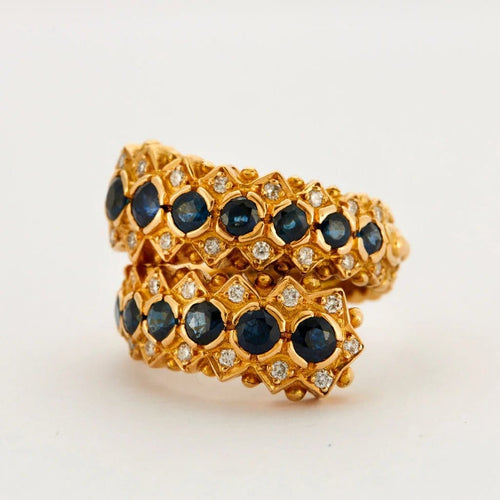 Bague 51 Lalaounis - Bague deux anneaux en or jaune 750, saphirs et diamants 58 Facettes
