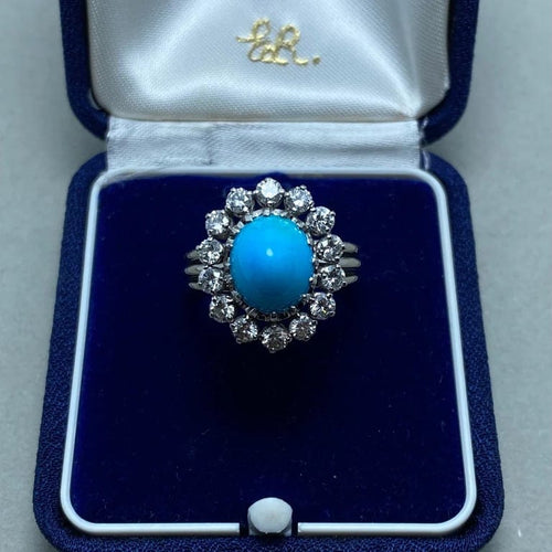 Bague 57 Bague en or blanc 18 kt avec turquoise et diamants 58 Facettes