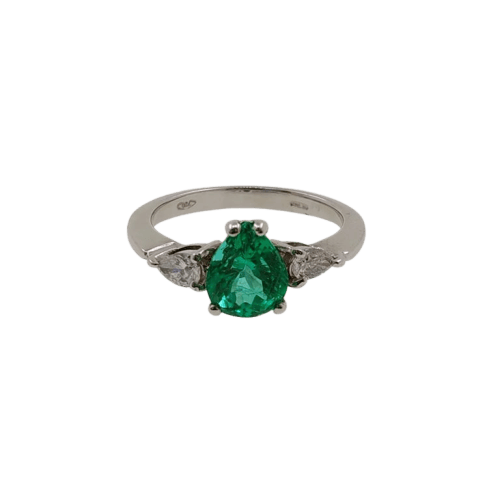 Bague 53.5 Bague en or blanc 18 carats avec émeraude poire et diamants 58 Facettes