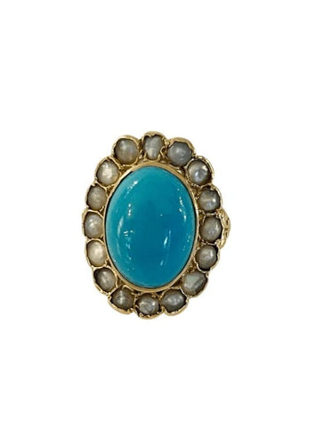 Bague 57 Bague en or 18 carats, turquoise et demi-perles fines 58 Facettes 720487