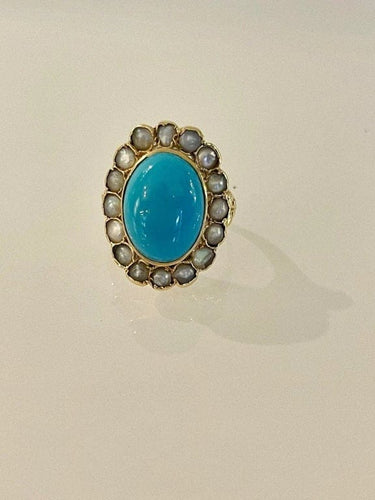 Bague 57 Bague en or 18 carats, turquoise et demi-perles fines 58 Facettes 720487