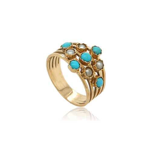 Bague 56 Bague ancienne en or rose 18 carats avec turquoises et perles 58 Facettes BAF270