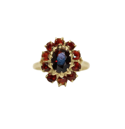 Bague 55.5 Bague marguerite vintage en or jaune 18 carats et grenats 58 Facettes